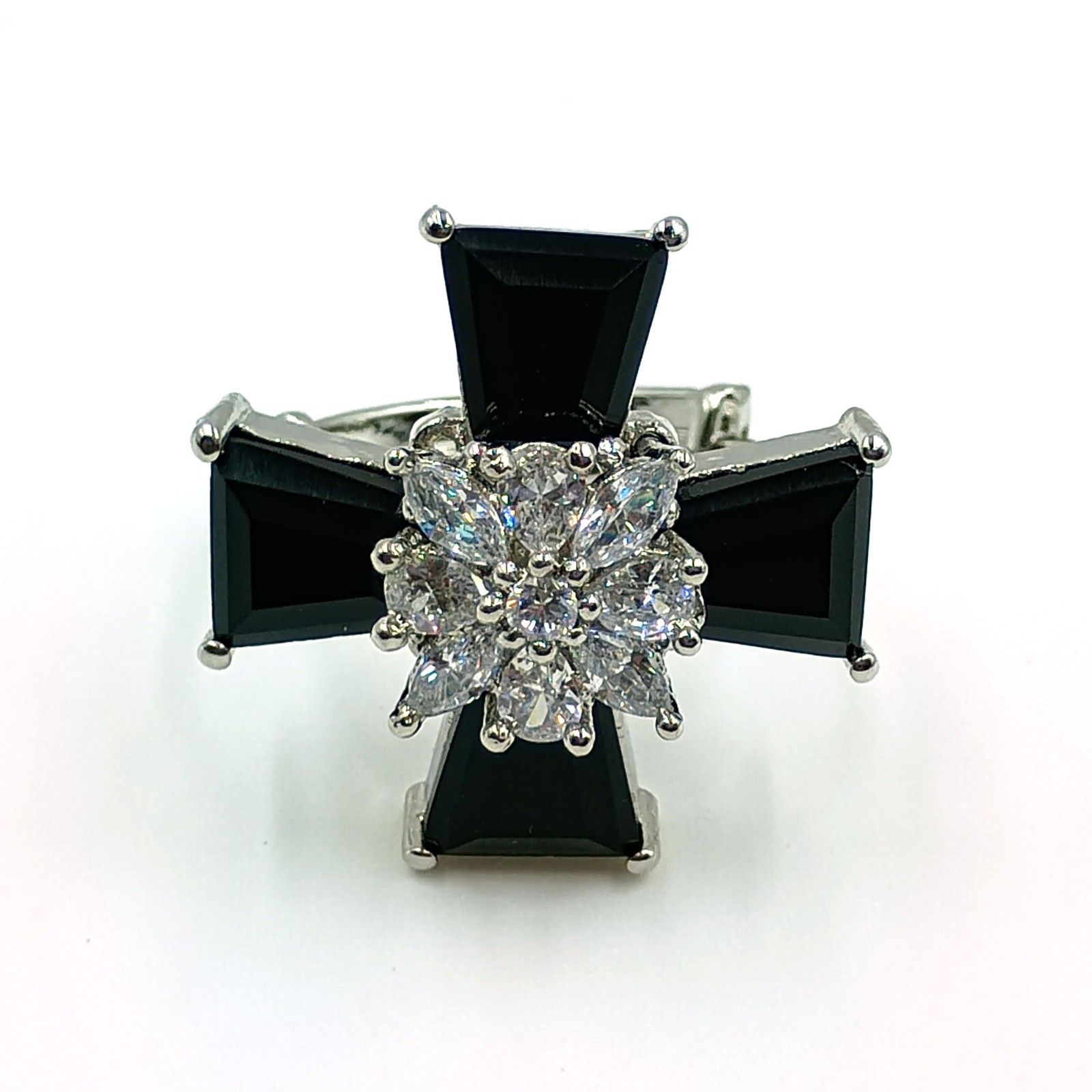 Black Stone CZ Cross Ring White Plated Adjustable Band Gothic Statement Jewelry