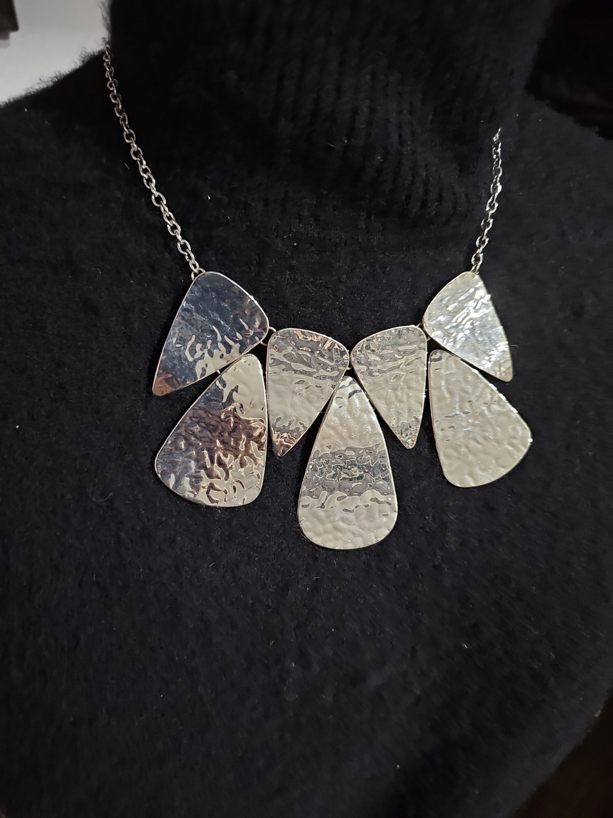Silver Tone Hammered Metal Statement Bib Necklace Modern Geometric