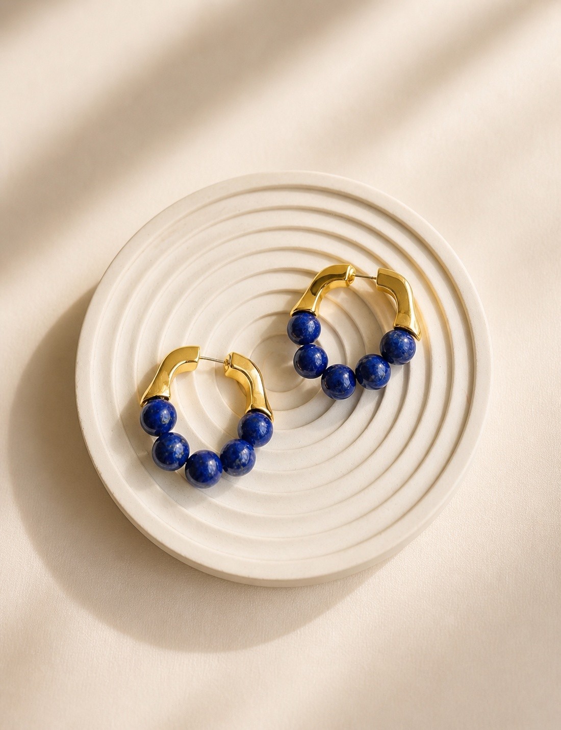Lapis Lazuli Earrings 18K Gold Plated Vintage Royal Blue Hoop Gift Women