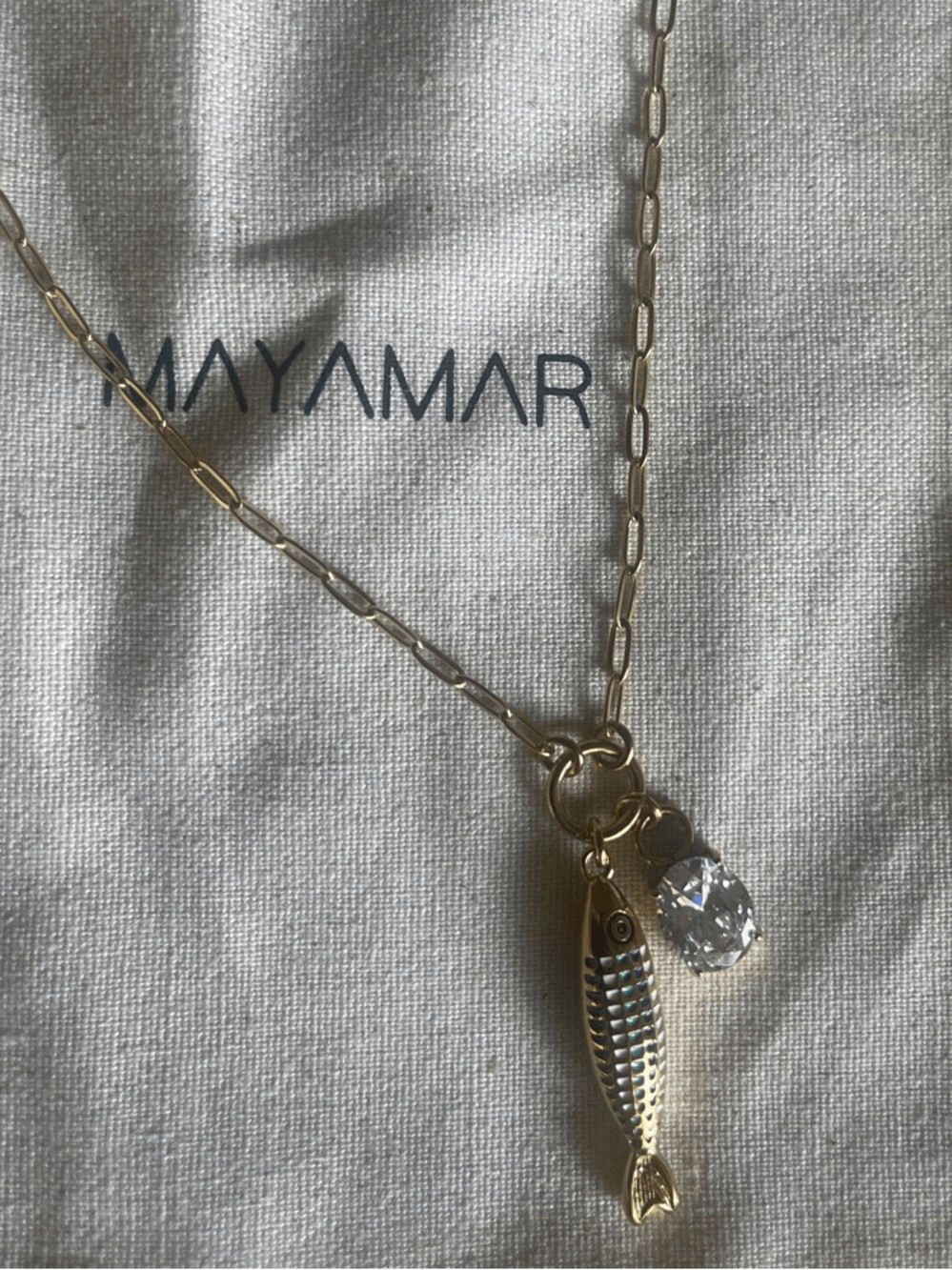 Mayamar Gold Fish Charm Necklace with CZ Cushion Cut Diamond charm