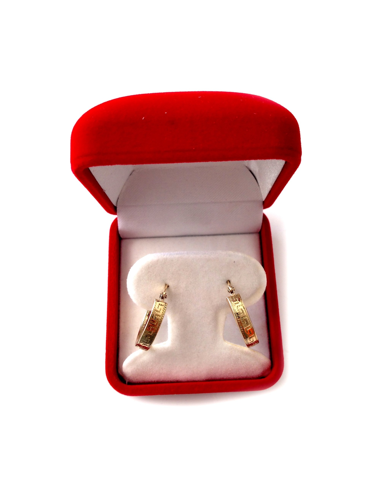 14K Yellow Gold Round Greek Key Hoop Earrings, Diameter 15mm