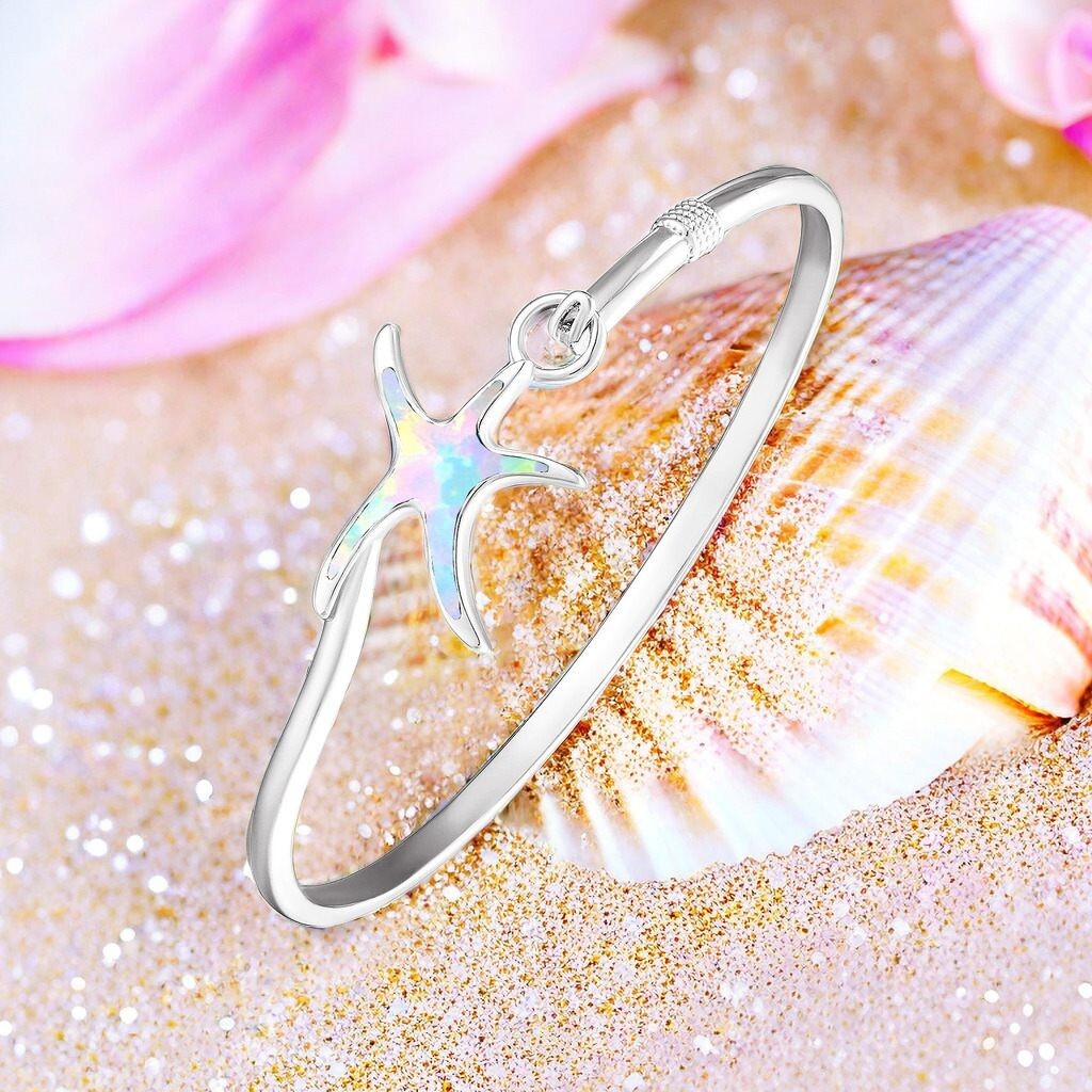 Hawaii White Opal Starfish Cuff Bangles 925 Sterling Sliver Jewelry For Women