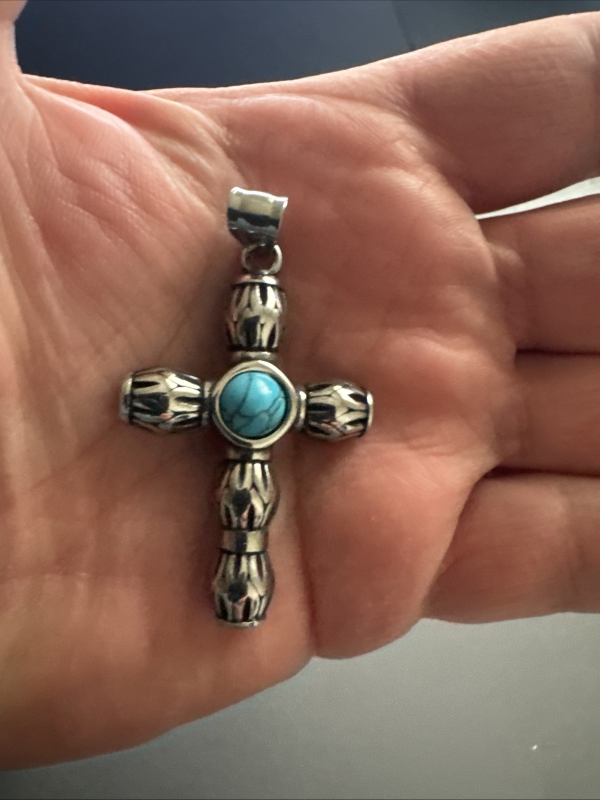 Three-dimensional Cross Pendant Dark Metal Tone Stainless Steel 24” Chain Viking