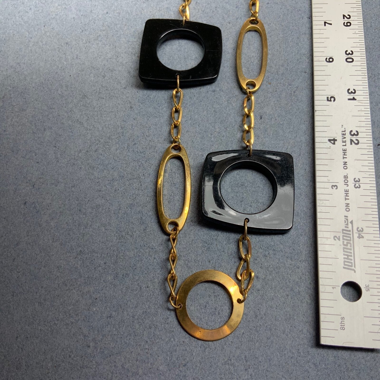 Long Geometric Necklace 35 In Gold Chain Black Acrylic Circle Square Shapes Glam