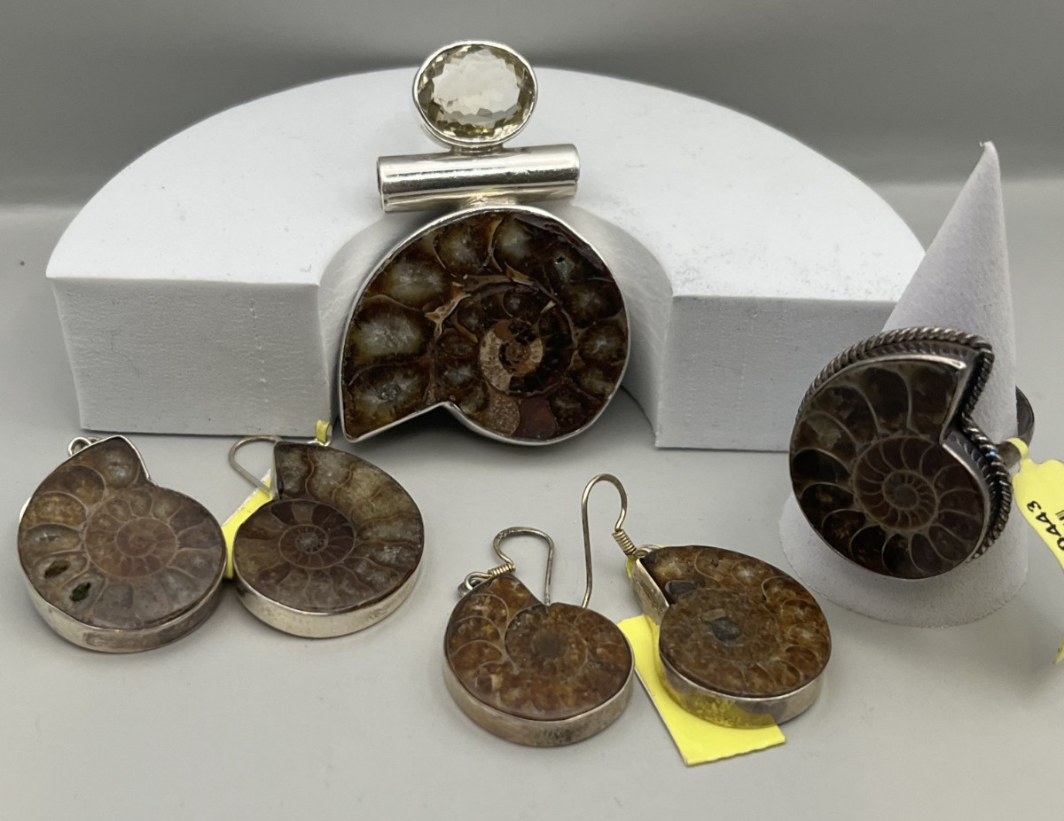 Topaz & Ammonite Fossil 925 Sterling Silver Jewelry Pendant Ring Earnings 4 pcs