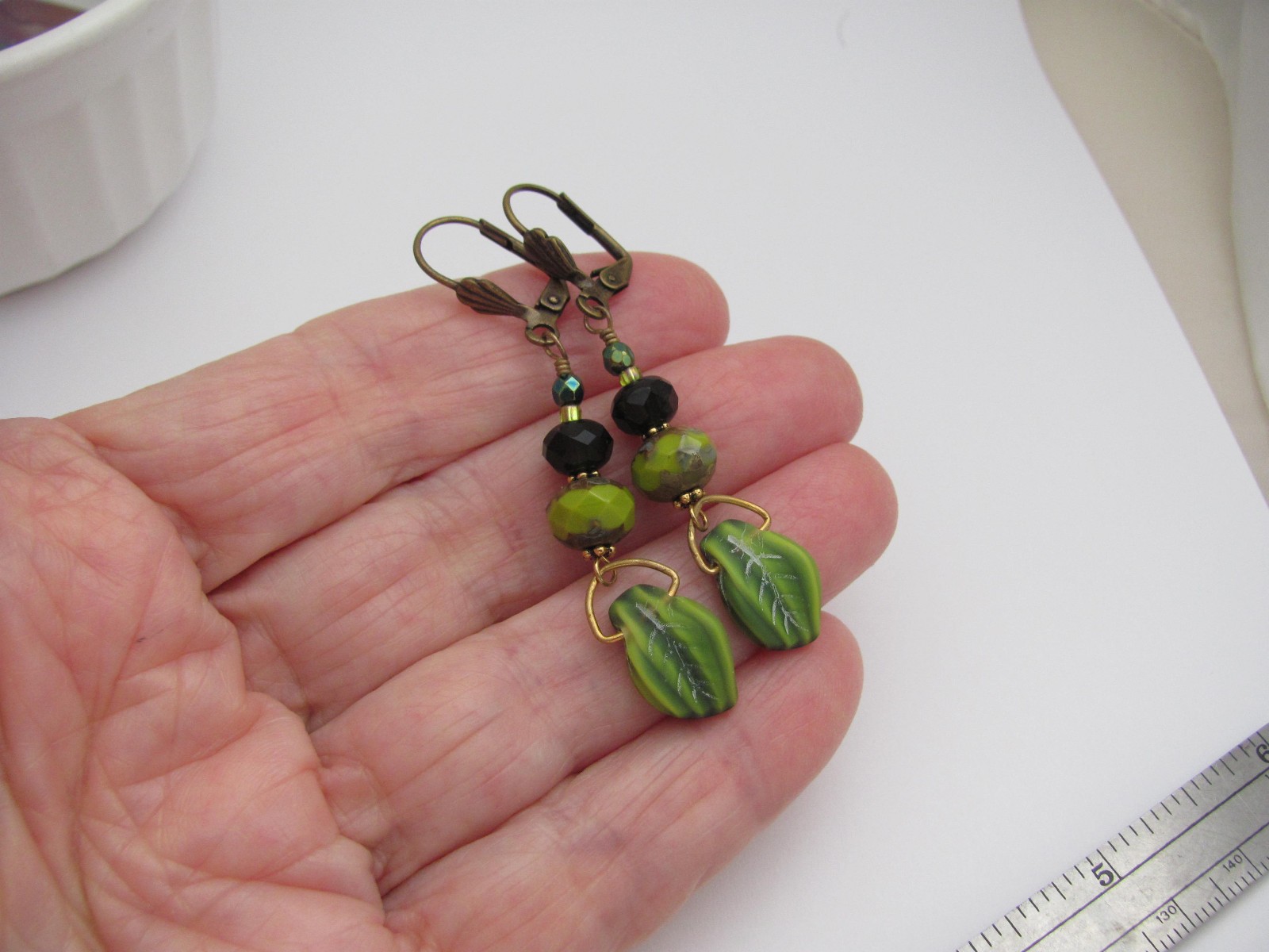 Green Earrings Leaves Hippie Boho Dangle Antiqued Brass Czech Glass Ren Fair