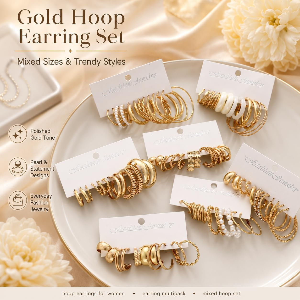 42 Pairs Gold Hoop Earrings Set for Women, Fashion Chunky Pearl Earrings Multipa