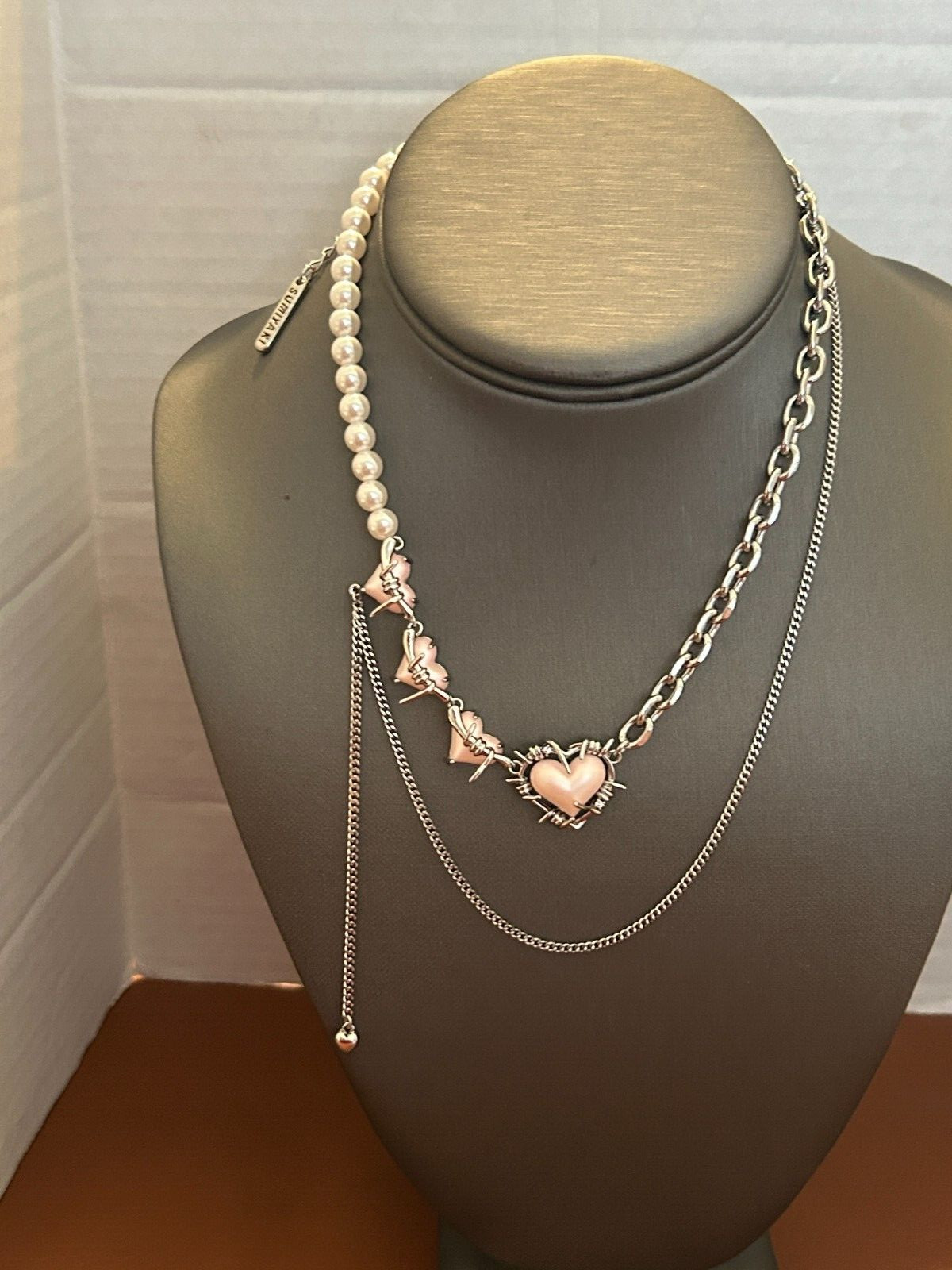 Signed SUMIYAKI Silver Tone Spiritual Necklace, Faux Pearl Pink Hearts.