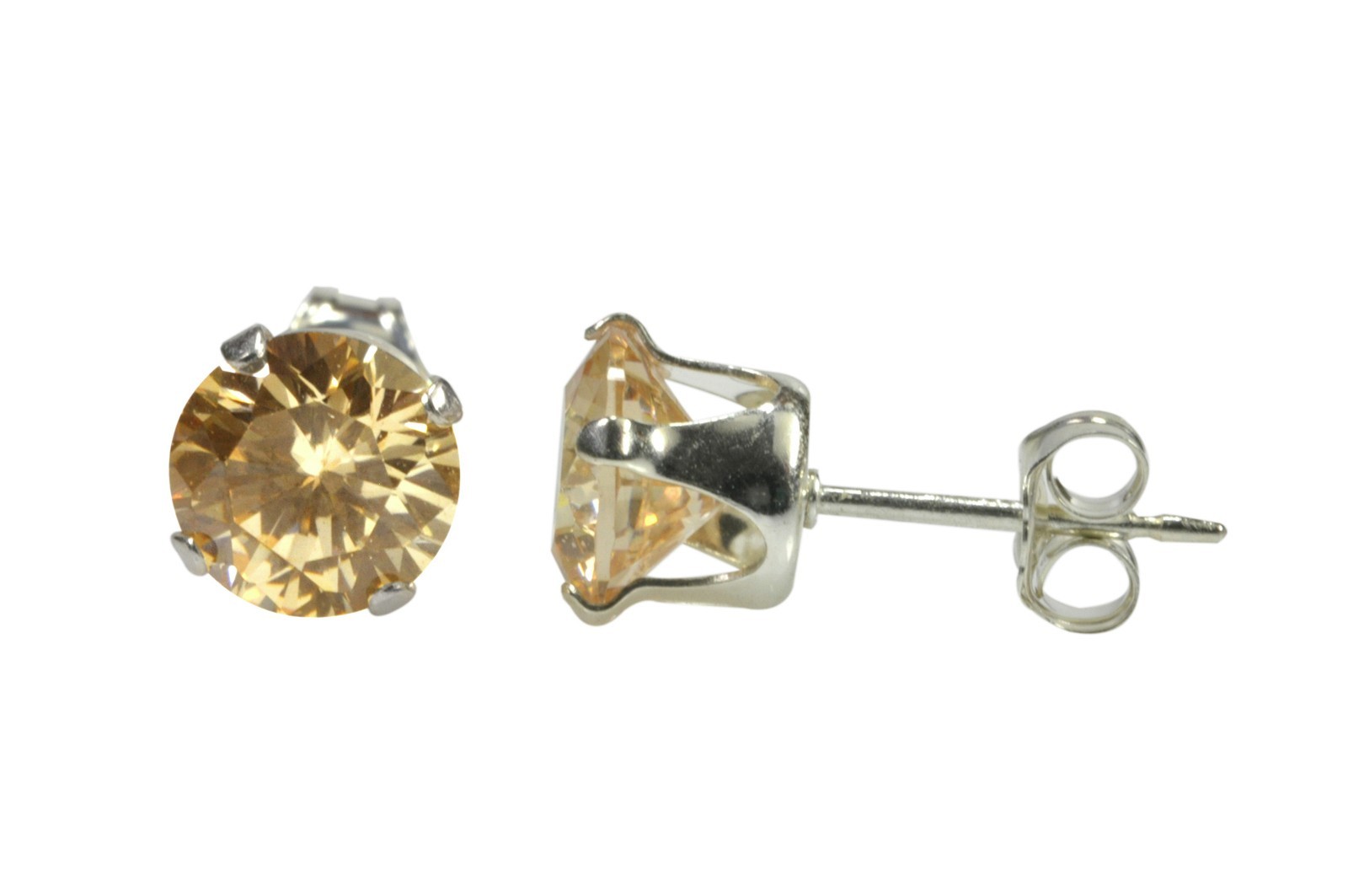 Sterling Silver Round CZ Stud Earrings Prong Set Champagne Cubic Zirconia
