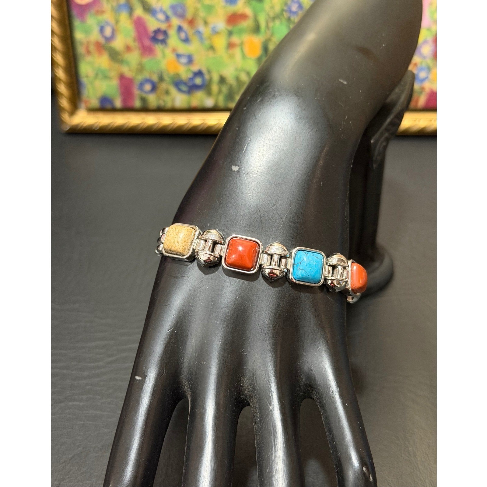 Link Bracelet Womens Multi Faux Stone Silver Excellent Southwestern Boho Square