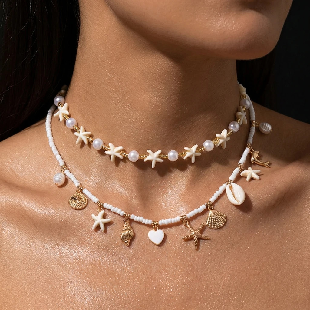 Bohemia Double Layer Shell Conch Pendant Necklace for Women Handmade Imitation P