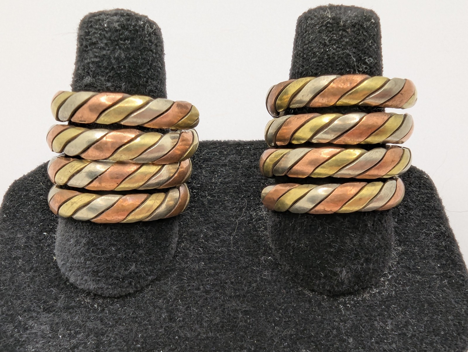 Tibetan Three Metal Coil Rings. Brass, Copper & Silver Tone Metals. Pair Of 2