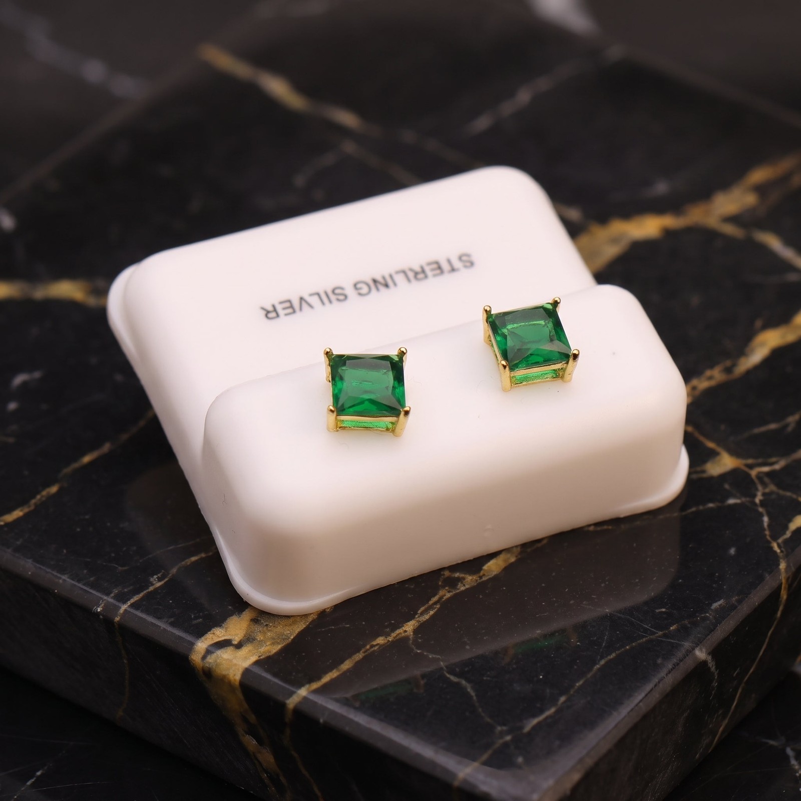 Green Cz Earrings Square 14k Gold over 925 Sterling Silver