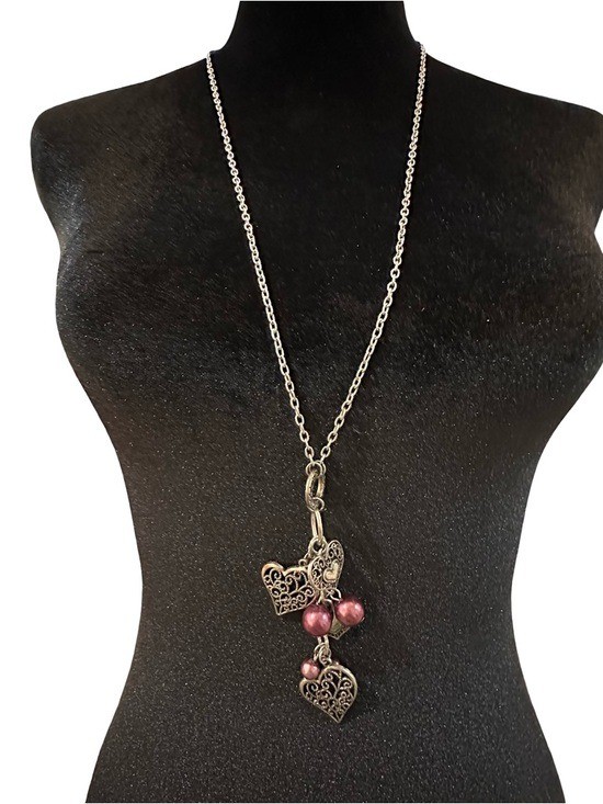 Filigree Heart Pendant Necklace Purple Beads Silver Tone Chain 30-32 Inch Womens