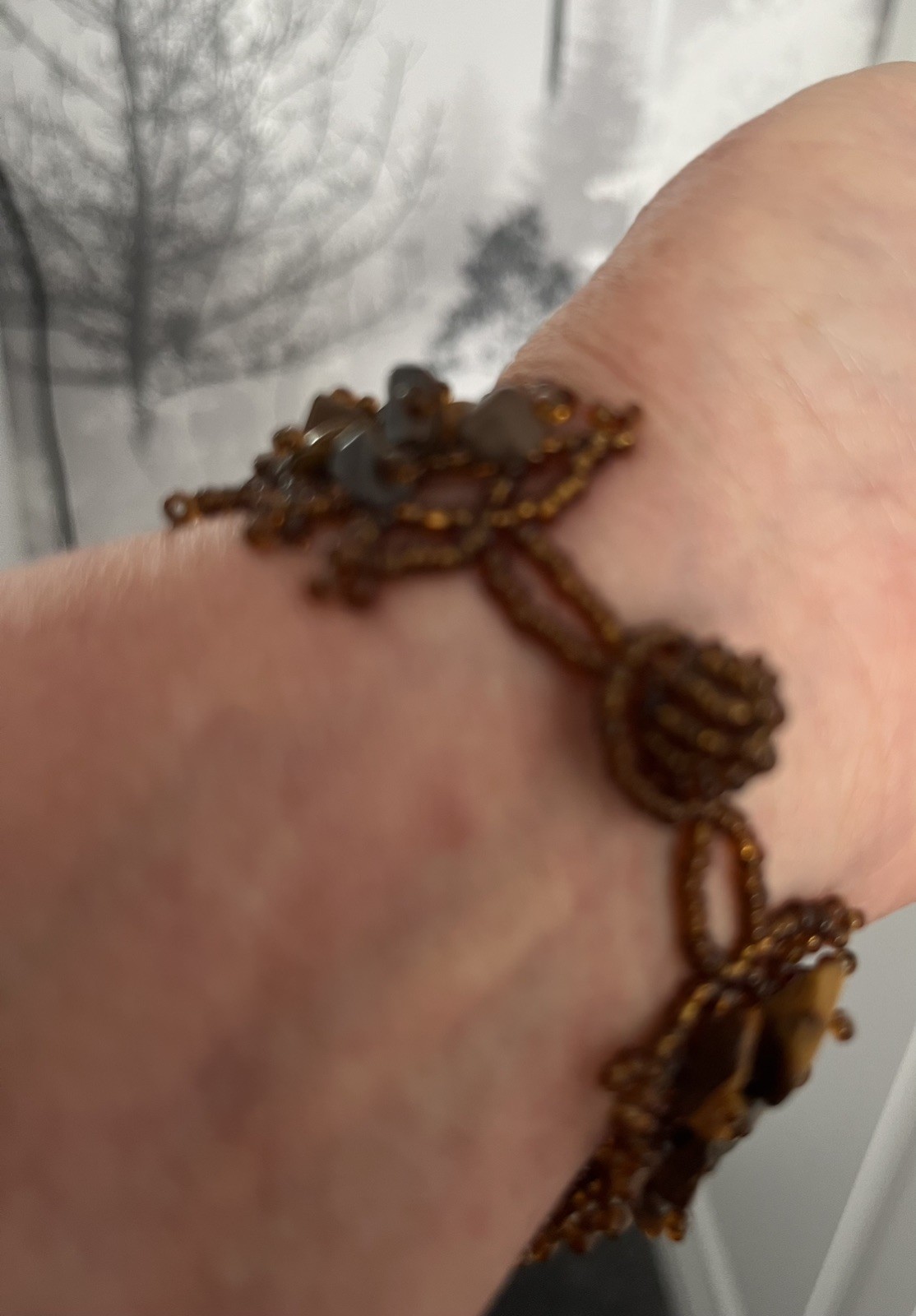Tiger Eye Chips & Seed Beads Cuff Bracelet 7-3/8” 18.5cm when fastened