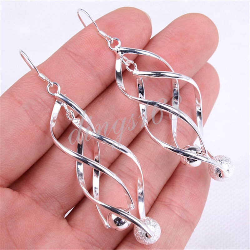 925Sterling Silver Tarnish-Free Linear Twisted Hoop Bead 3″ Dangle Earrings Q409