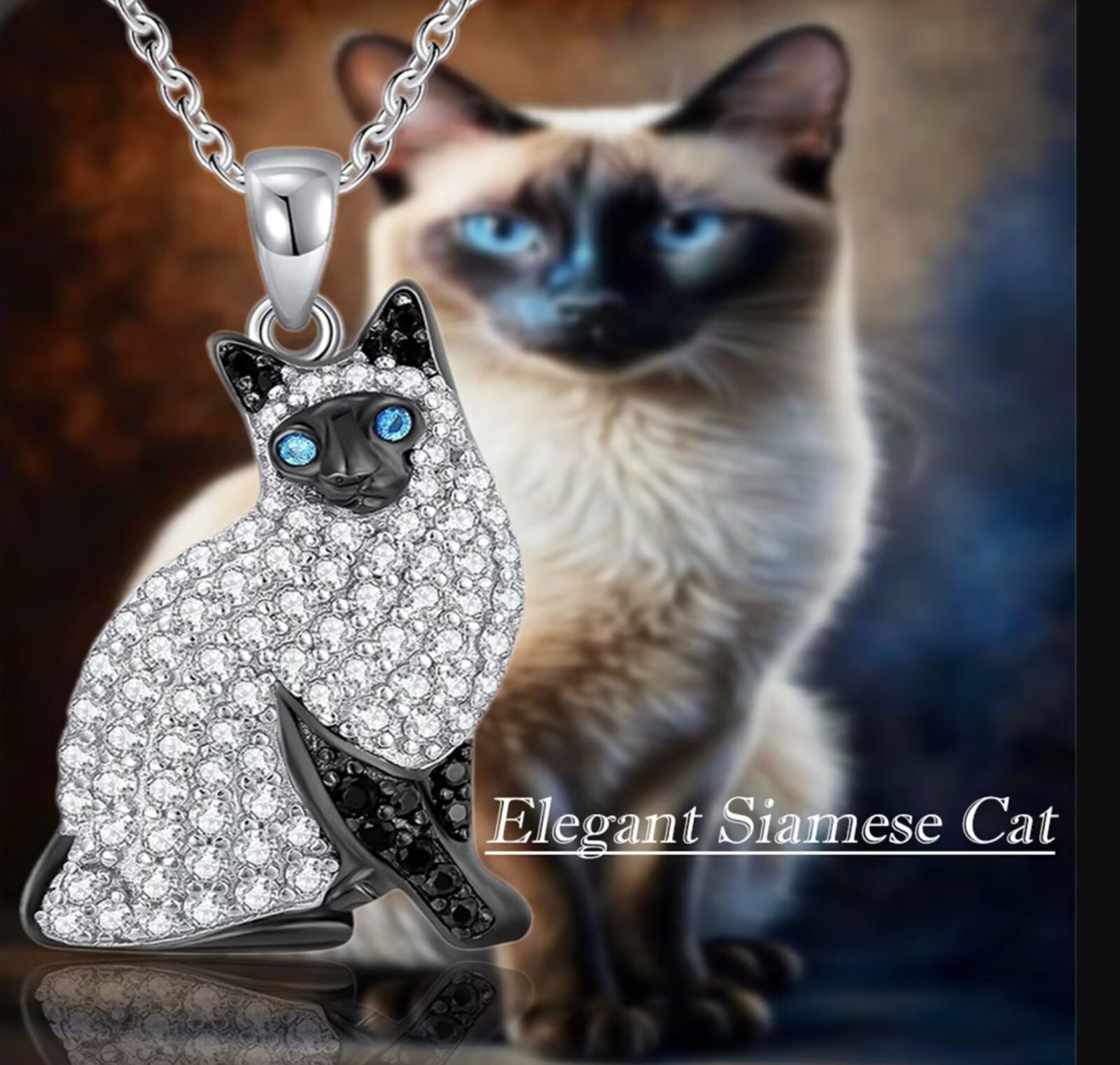 Alloy Cute Siamese Cat Crystal Necklace with 50 cm (19.68 in) link chain