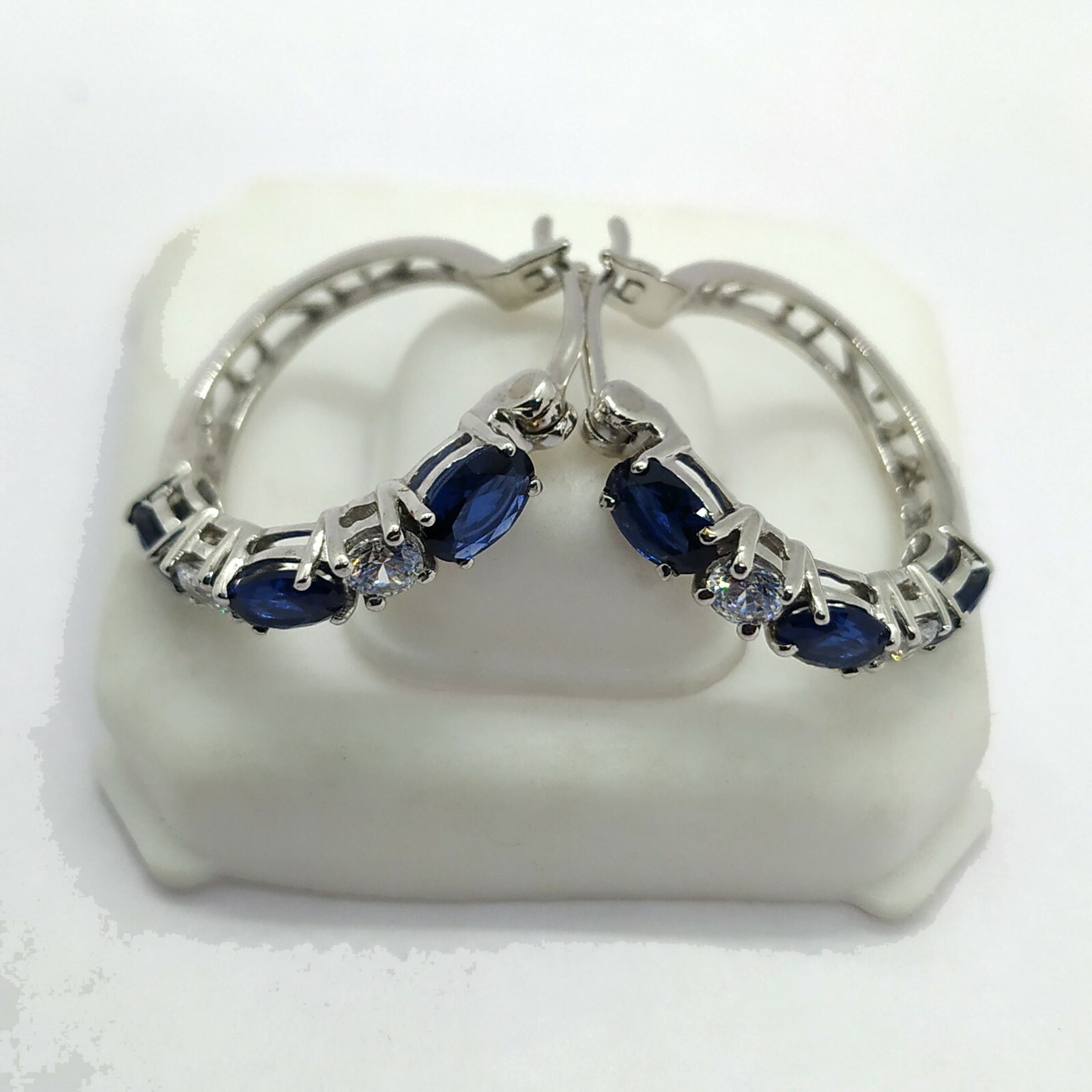 2.10 Ct Simulated Sapphire Hoop Earrings With Cz in 14K White Gold Plated Brass