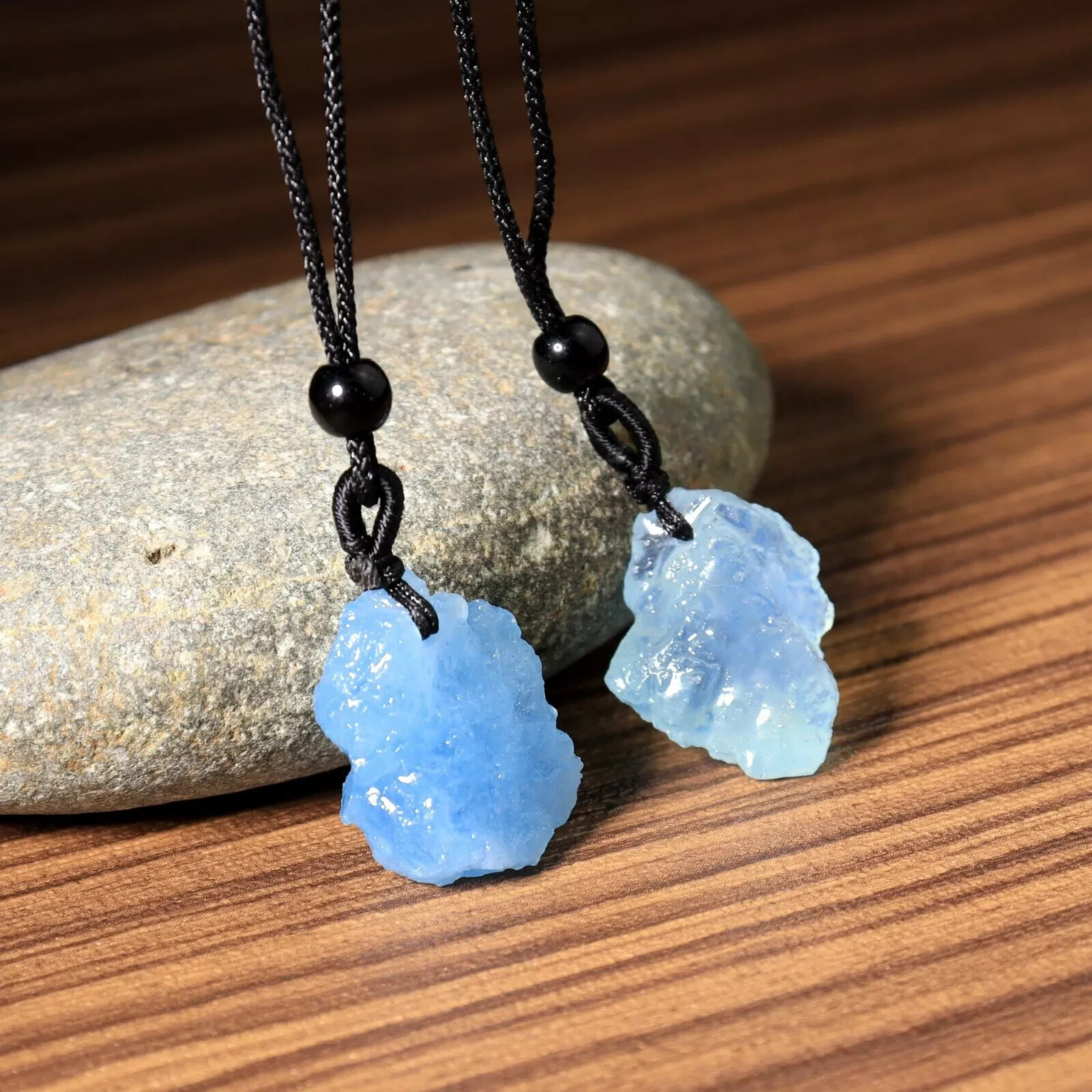 Raw Aquamarine Pendant Blue Rough Stone Crystal Cord Jewelry Women Men Gift
