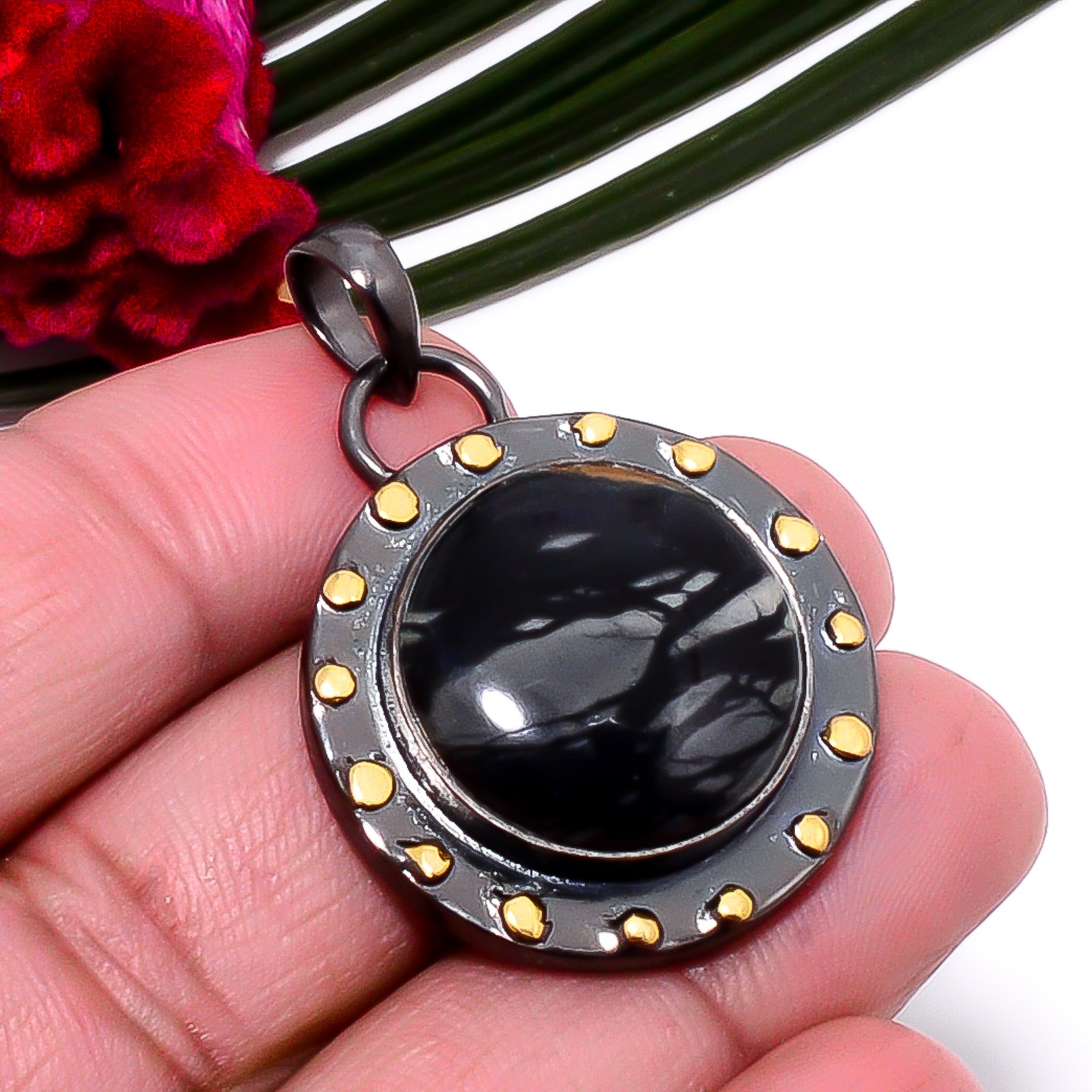Picasso Jasper – Utah Black & Gold Plated 925 Sterling Silver Pendant 1.64″ Su26