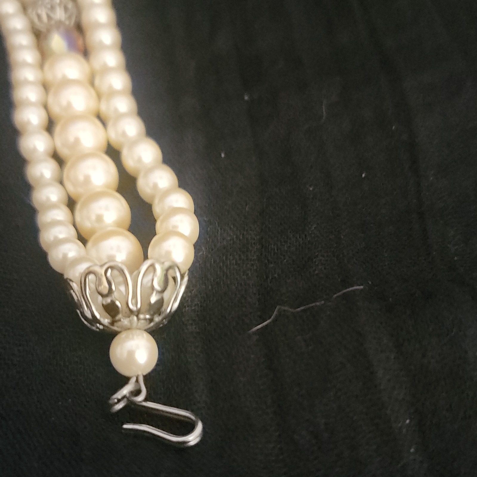 1928 Multi-Strand Ivory Simulated Pearl Beaded Necklace Crystal Silver Hook 18in