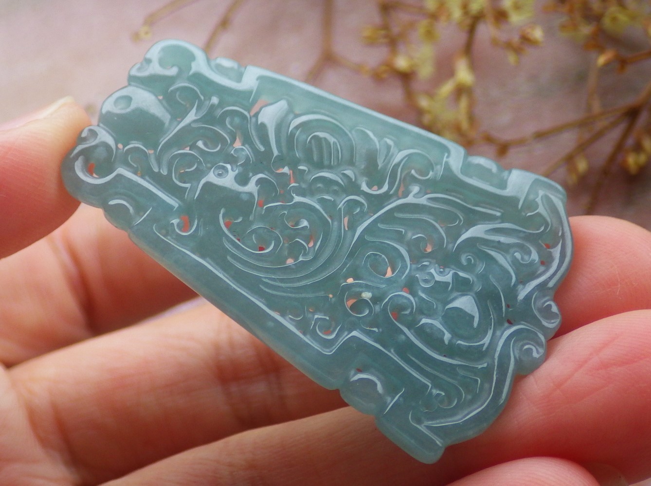 1Pcs Green Burma 100% Natural A Jade jadeite Pendant Dragon Bat Ruyi 生意兴隆 735470