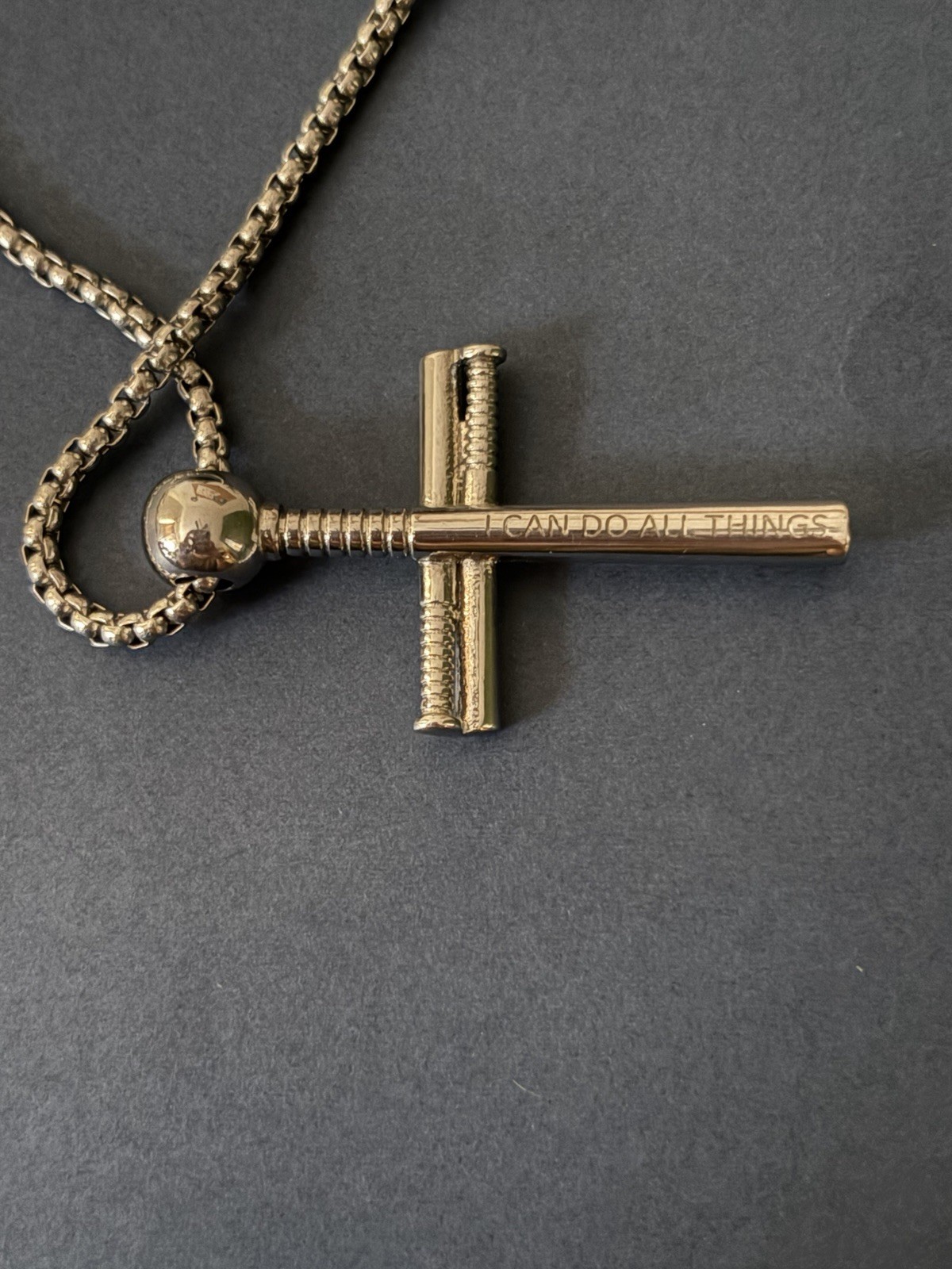 SKOIR Gold Tone Engraved Cross Pendant Necklace baseball theme Religious Signed