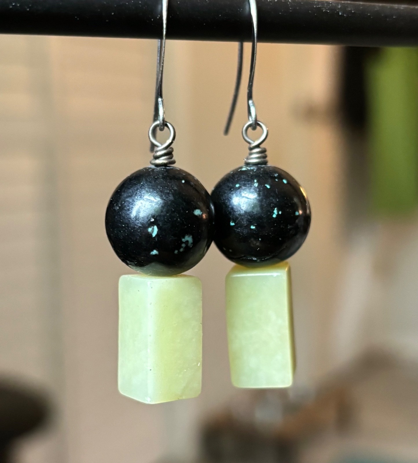 New Wave Black & Green Stone Earrings – Minimalist Memphis Milano Architectural