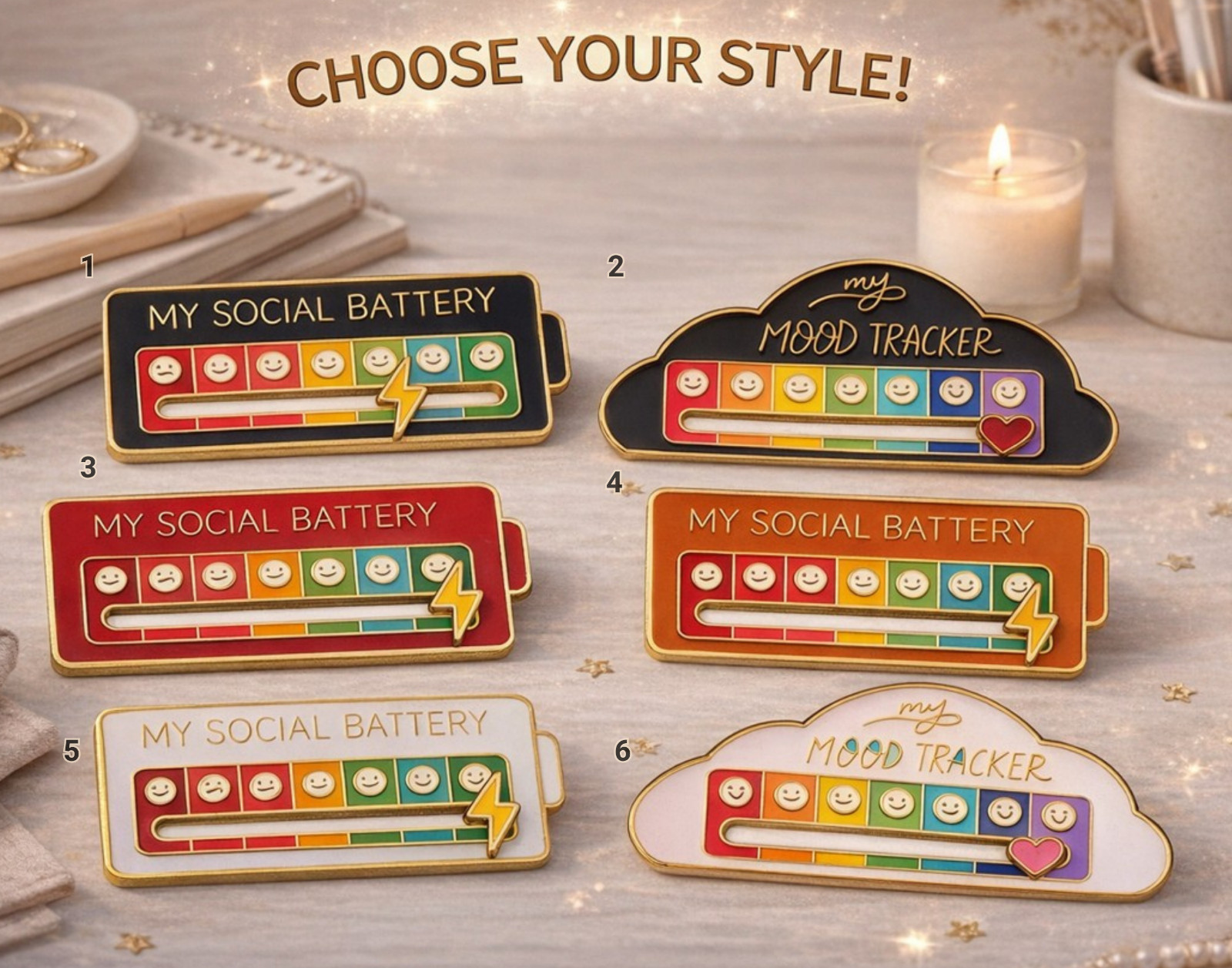 Funny Social Battery Slider Pin 7 Mood Expression Badge Cute Interactive Gift