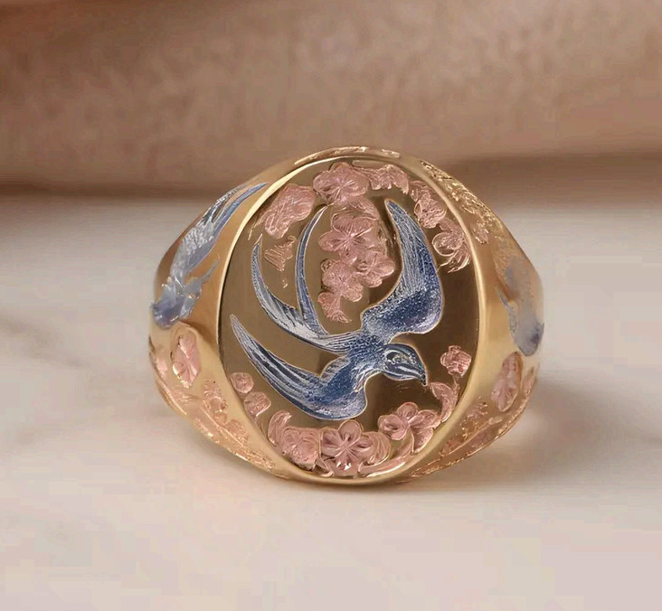 Rose Gold Copper Signet Ring Swallow Bird