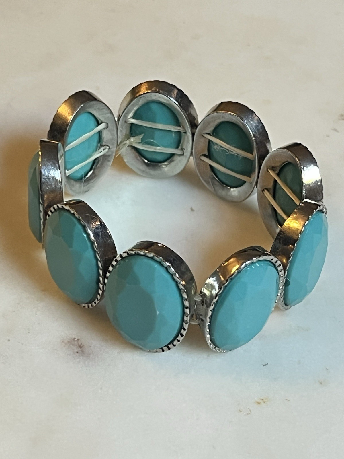 Faux Turquoise Faceted Beaded Stretch Bracelet Wide Pull On Statement