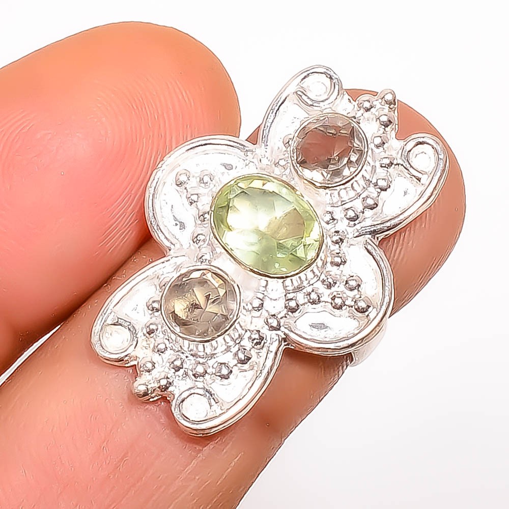 Green Amethyst & Smoky Quartz Gemstone 925 Silver Plated Ring s.5.5 R7508-1451