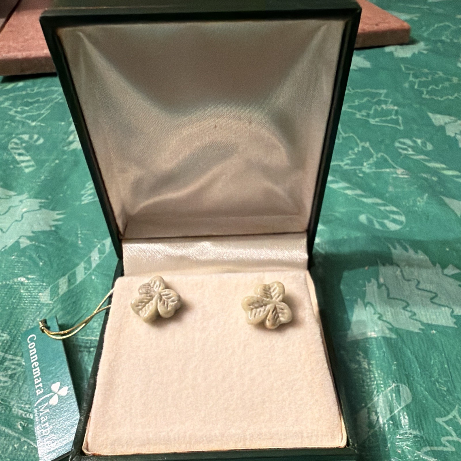 Connemara Marble Shamrock Clover Stud Earrings Green Stone Nickel-Free Butterfly