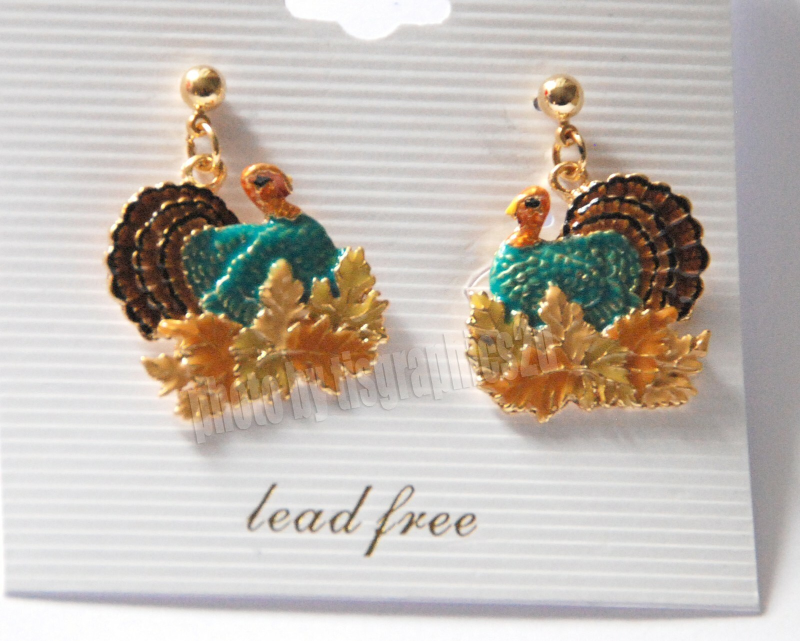 Thanksgiving Turkey & Fall Leaves Earrings / Gold-tone Dangling Post