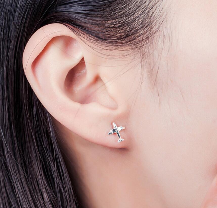 Super Adorable Silver SP Tiny Airplane Aircraft Plane Stud Earrings