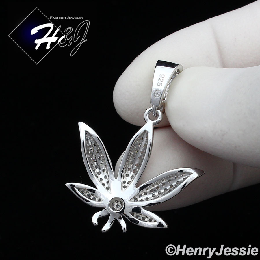 MEN WOMEN SOLID 925 STERLING SILVER ICY BLING CZ 3D MARIJUANA LEAF PENDANT*P173