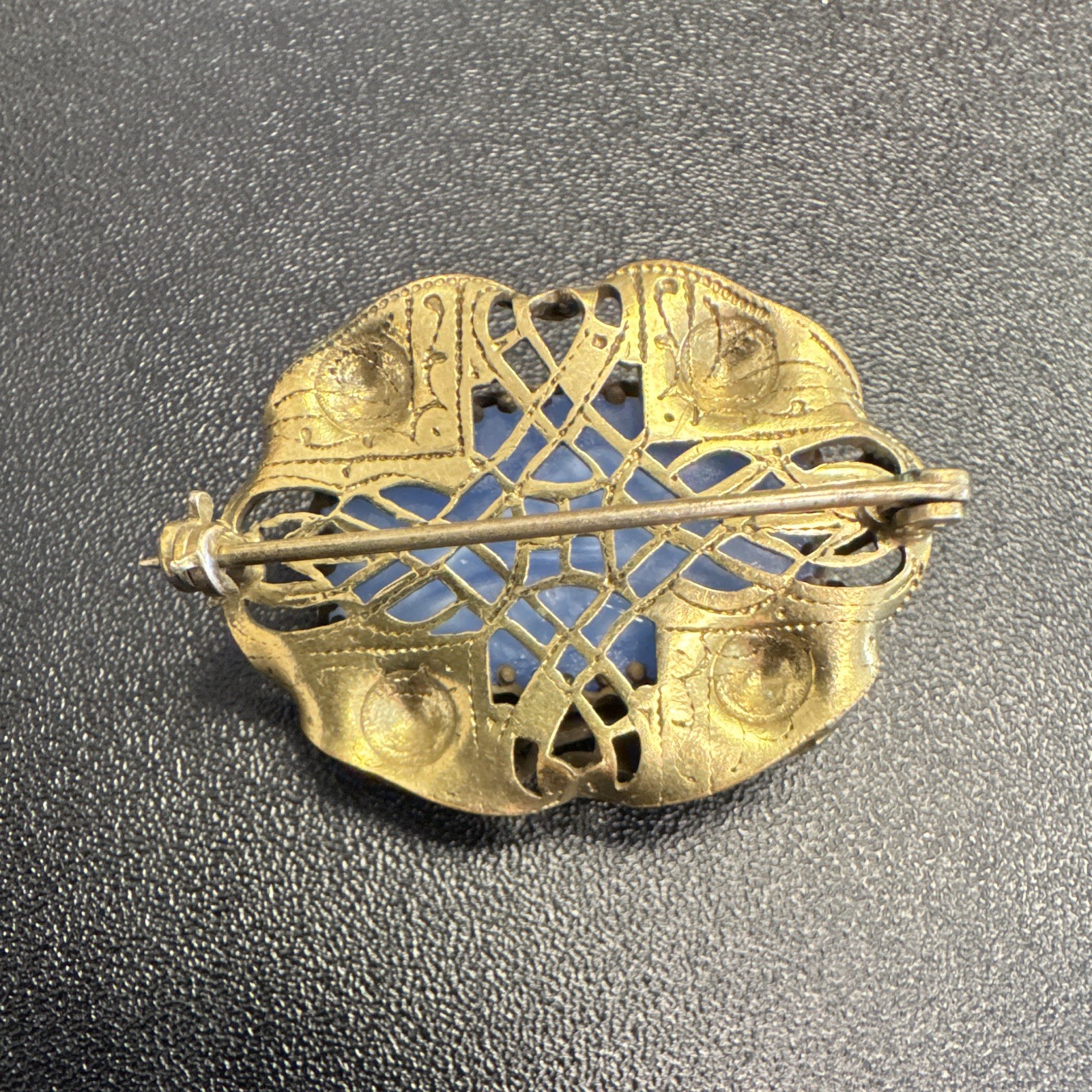 Vintage brass filigree bird brooch blue cabochon. Unique