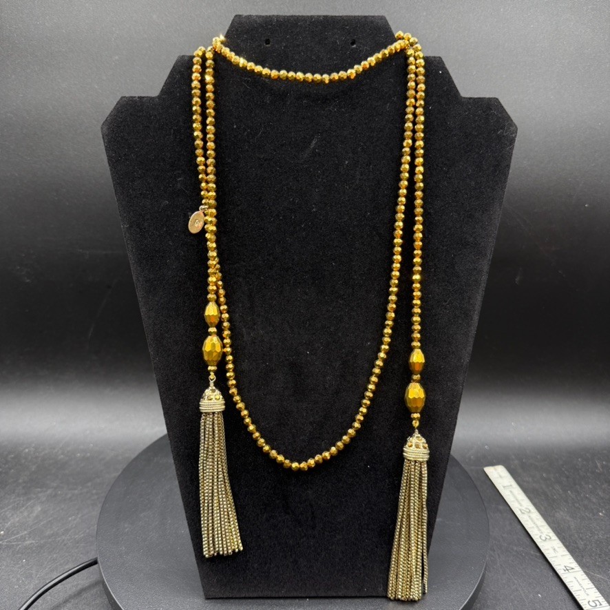 Heidi Daus Lariat Tassle Long Necklace Gold Crystals Statement Evening Aurora