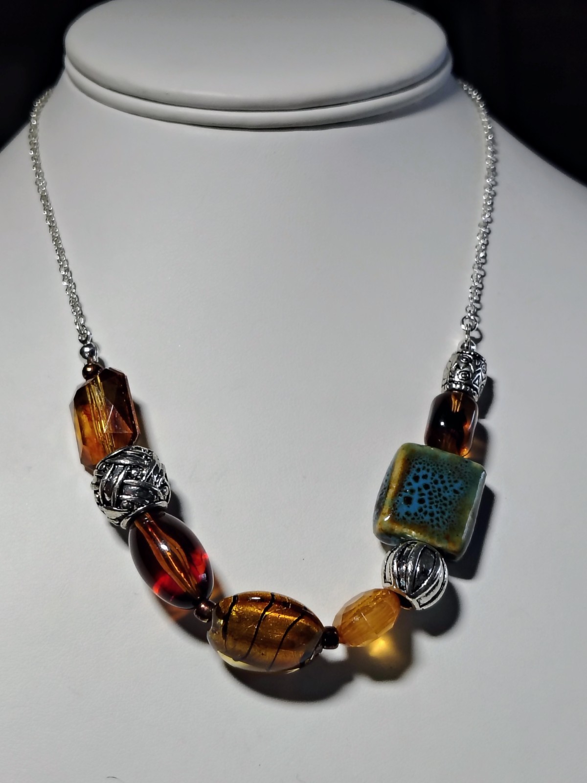 Artisan Statement Necklace Turquoise Ceramic SAQ Murano Style Glass Boho Chunky