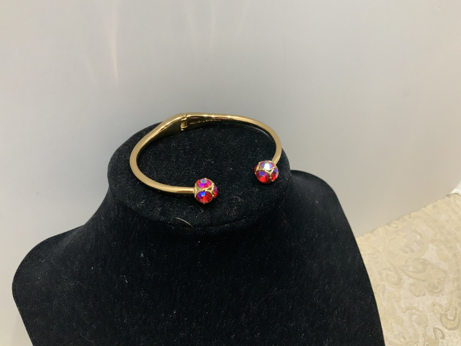 Kate Spade Red Aurora Borealis Open Cuff Hinged Pavé Gold Tone Bracelet