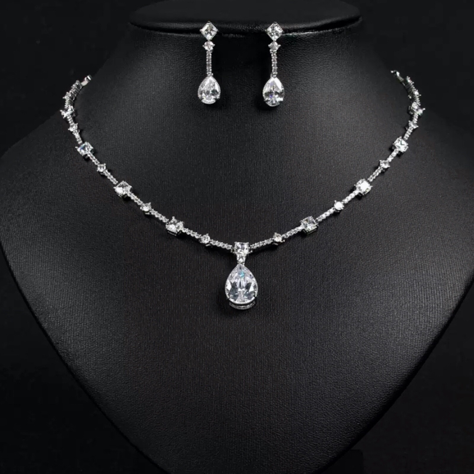 18k Platinum Plated Lab-Created White Sapphire Diamond Necklace Earrings Set