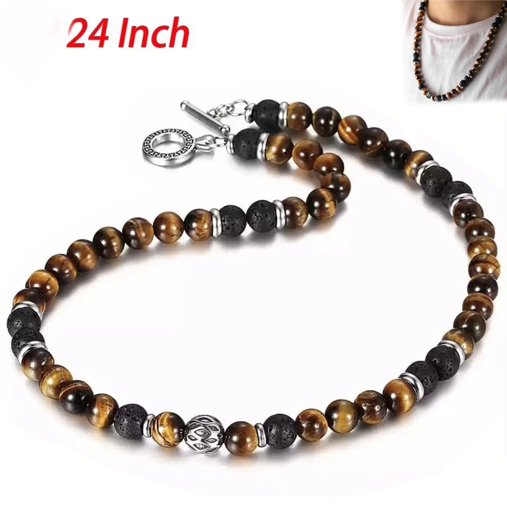 24″ Men’s 8mm Natural Tiger Eye Lava Bead Necklace Stainless Steel Toggle Gift