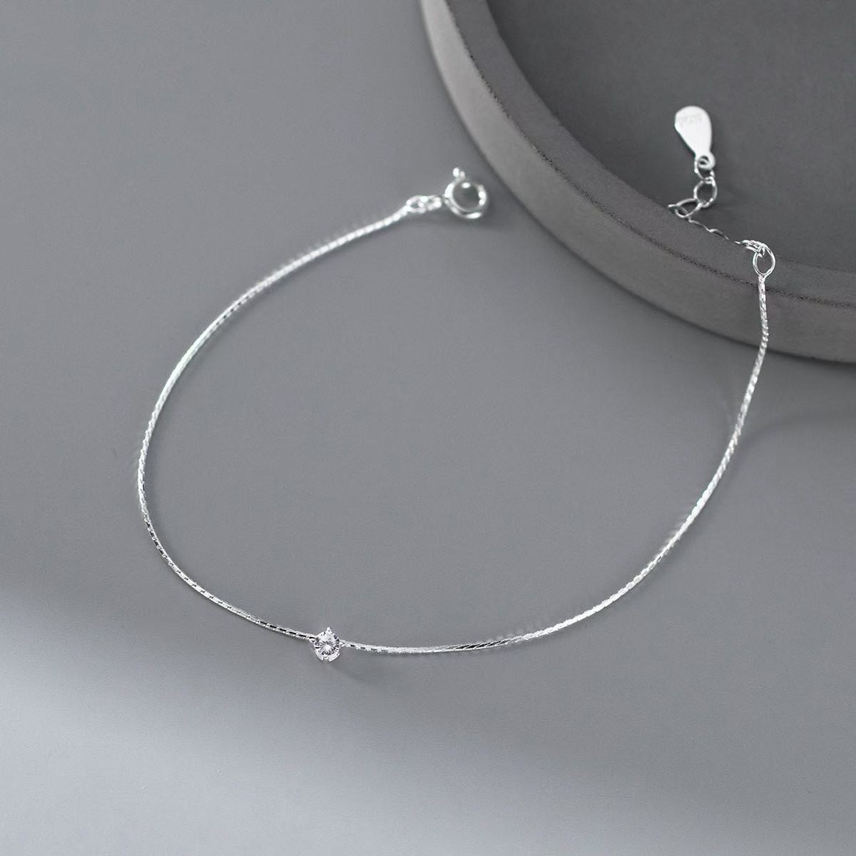 Women Real S925 Sterling Silver Cute CZ Thin Bracelet Bangle 7.5 inches