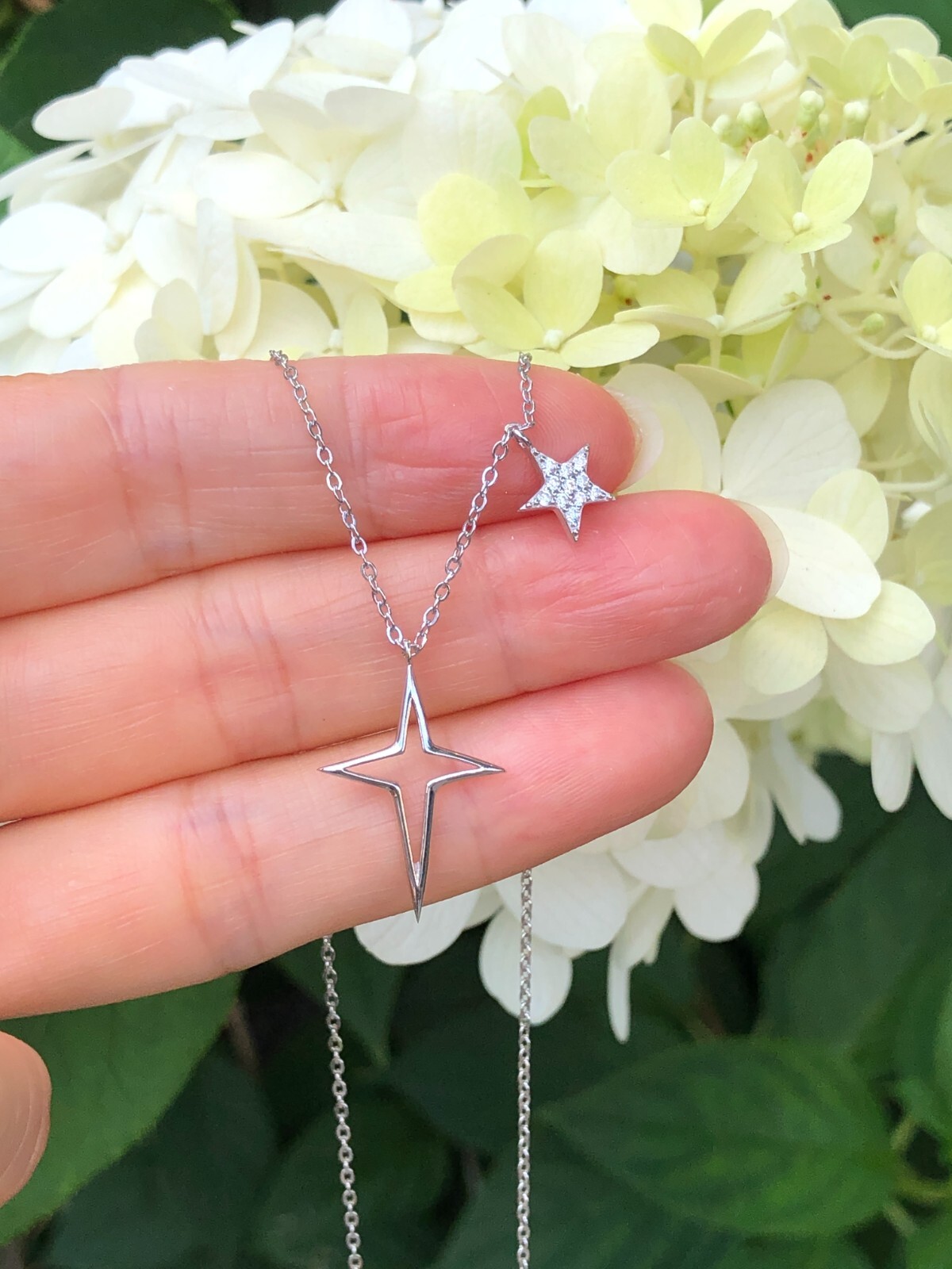 Star & North Star Pendant Necklace Sterling Silver 925 CZ Women 7mm/19mm(0.75″)