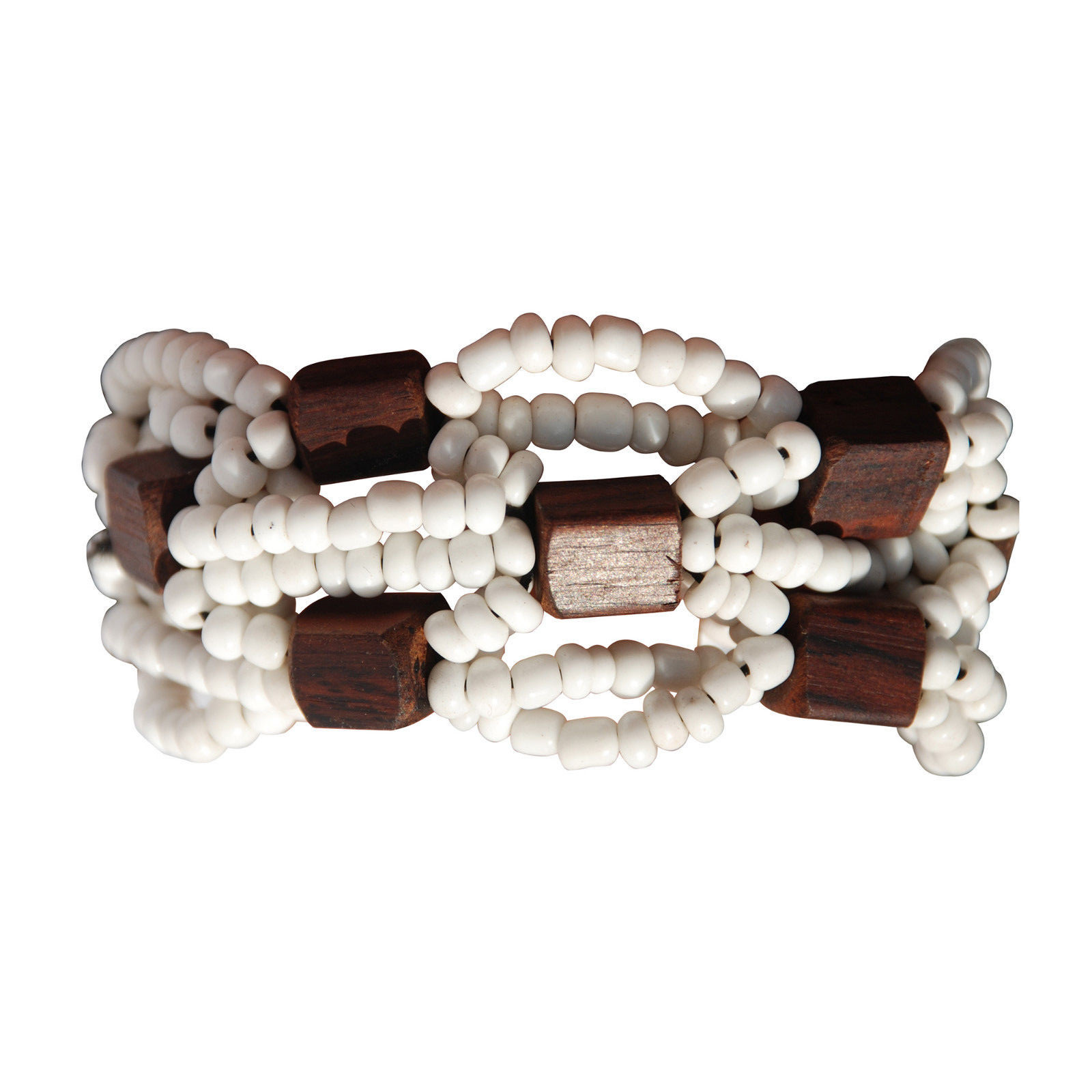 Beautiful Green 10-Strand Elastic Glass Beaded Bracelet With Dark Hard Wood Bead
