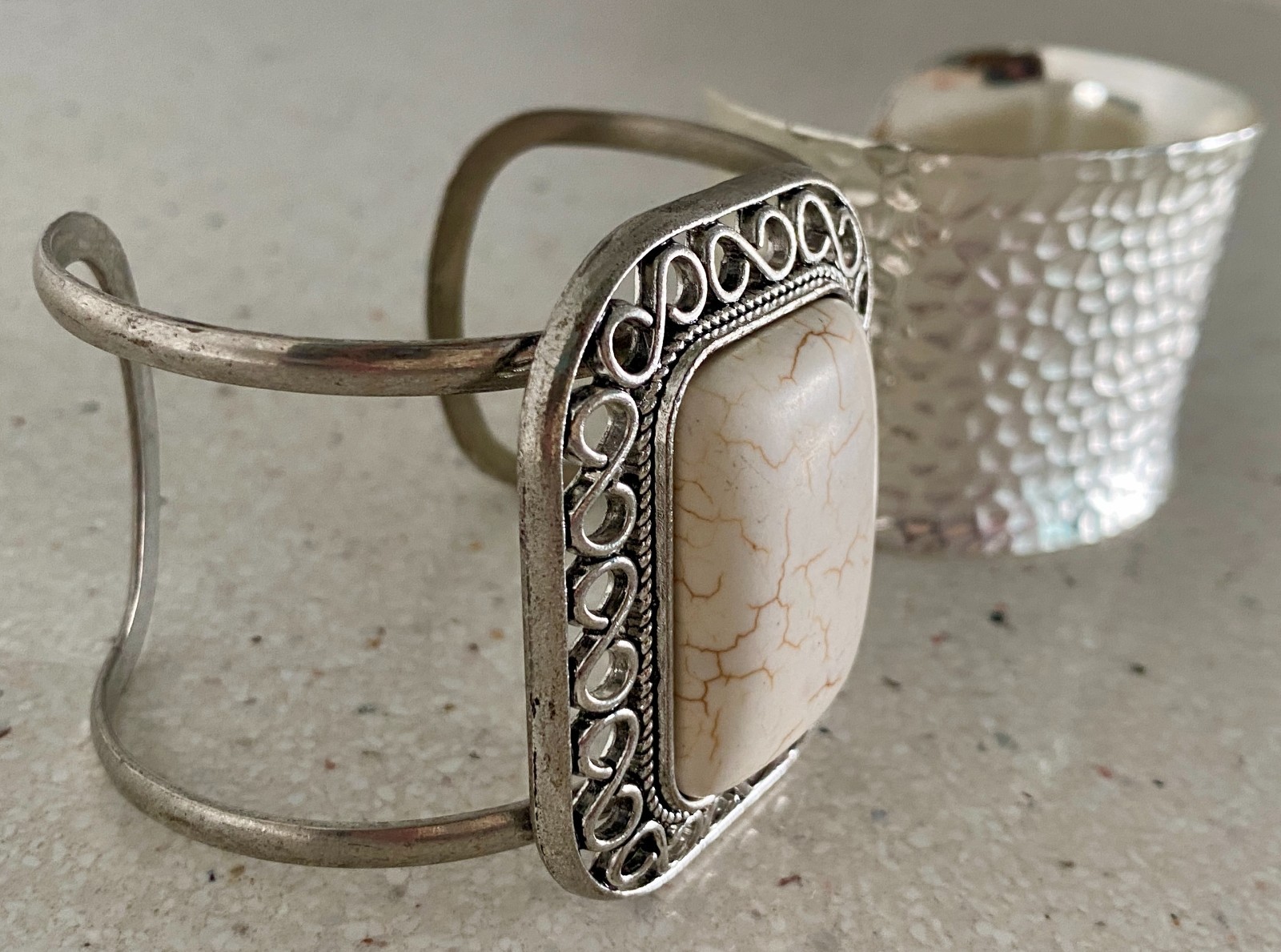 Lot of 2 Cuff Bracelet Faux White Stone Hammered Silver Tone ATI BR CN