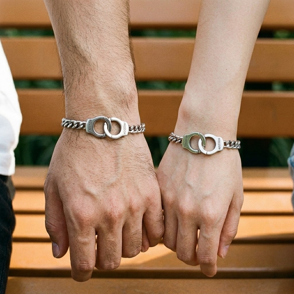 Steel Gray Handcuff Pendant Bracelet FREEDOM Engraved Link Chain Minimalist 1 Pc