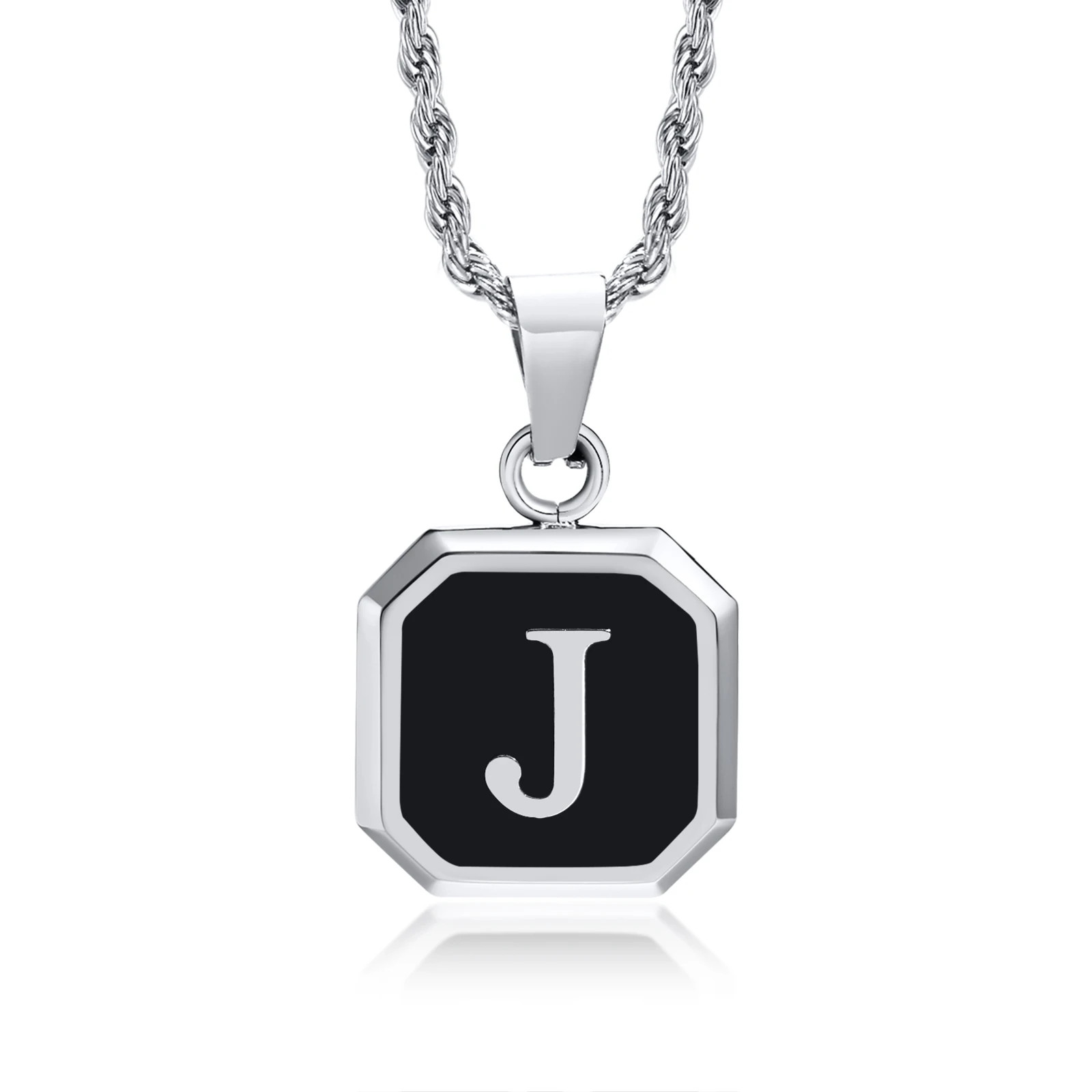 Initials Necklaces for Men Women,A-Z 26 Letters Black Square Stainless Steel Pen
