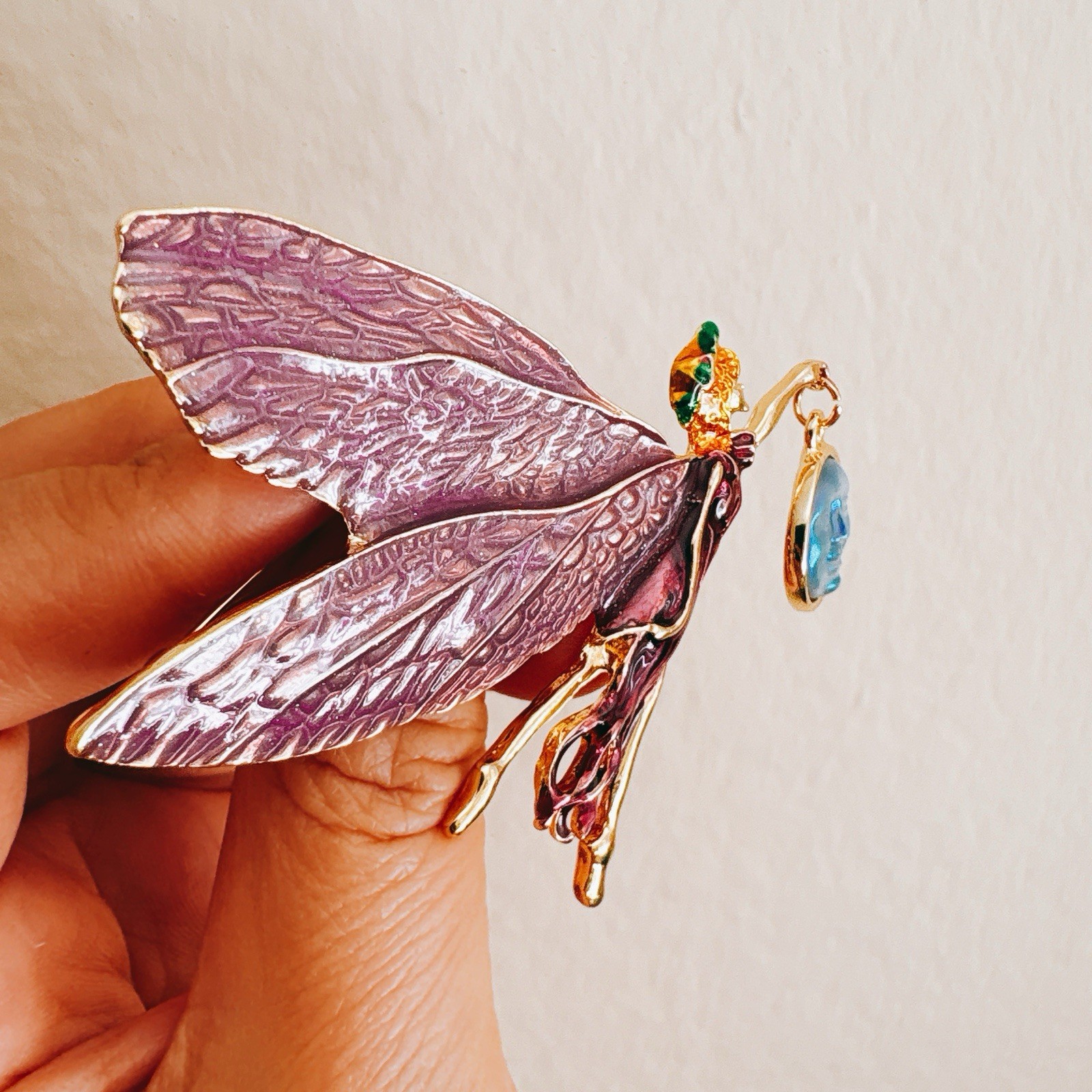 Vintage-Inspired Enamel Fairy Brooch Pendant Pink Wings Moon Star Gold Tone Pin