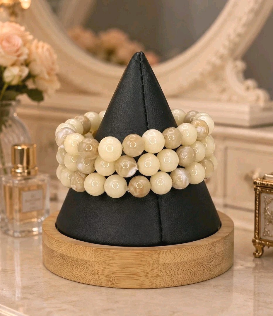 Beaded Bracelets Set Cream Marbled Neutral Stretch Boho Stackable